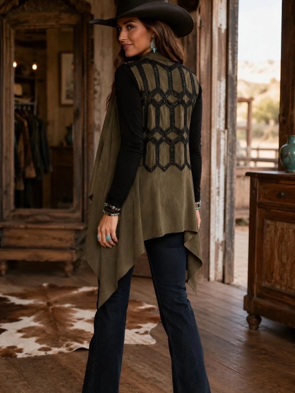 Alberto Makali Faux Suede Waterfall Vest Medium Boho Western Draped
